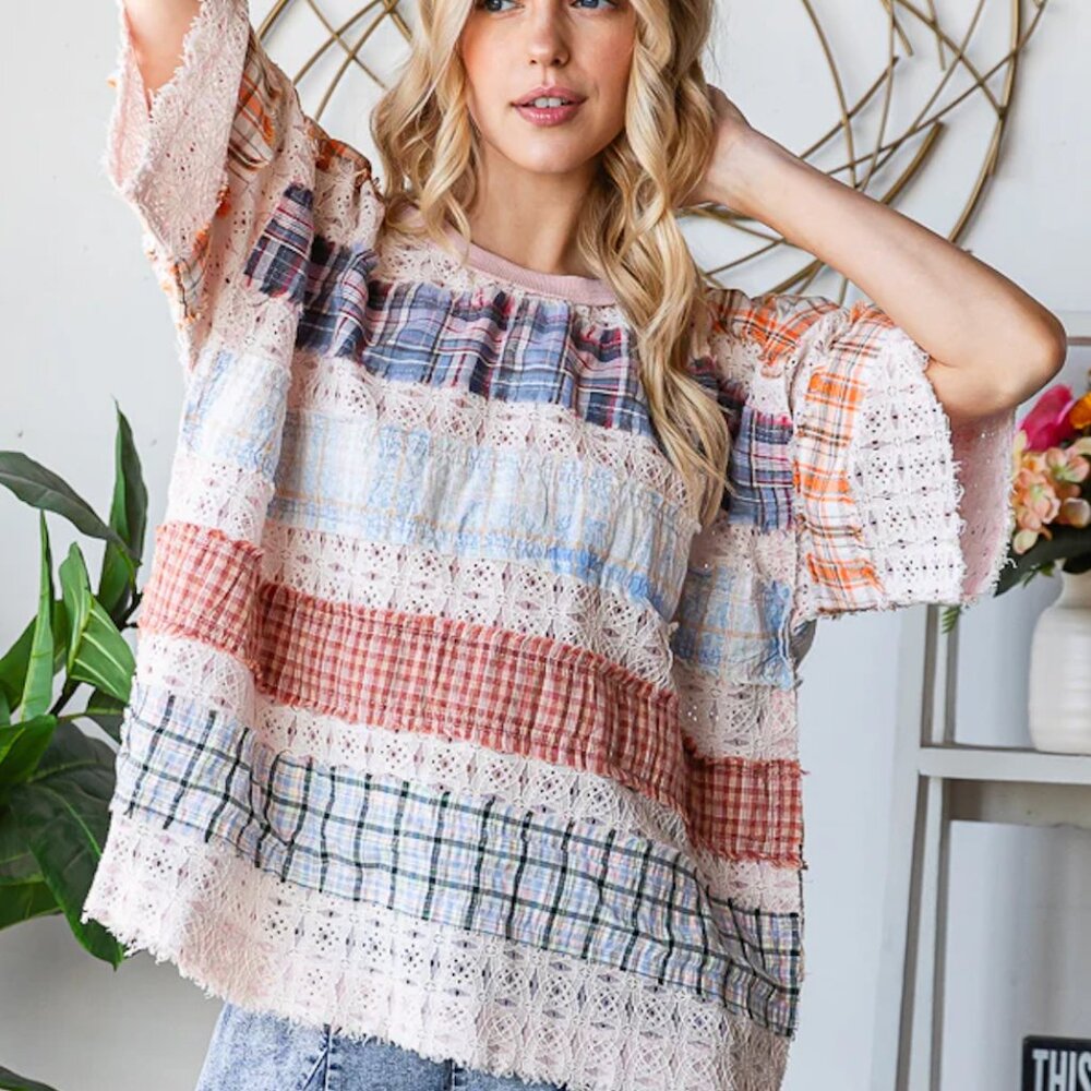 Oli & Hali Lace Plaid Mix Knit Top in Blush - Picture 2 of 6